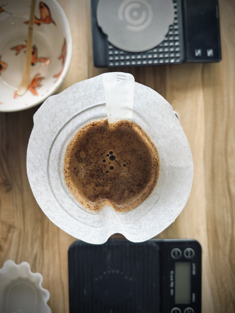 بررسی دم آوری قهوه به روش ۱۱-۱۱ و مقایسه دو دم افزار اسپرو و v60-01 سرامیکی در این شیوه فیلتر و قهوه ی خیس در درون دم افزار اسپرو از بالا